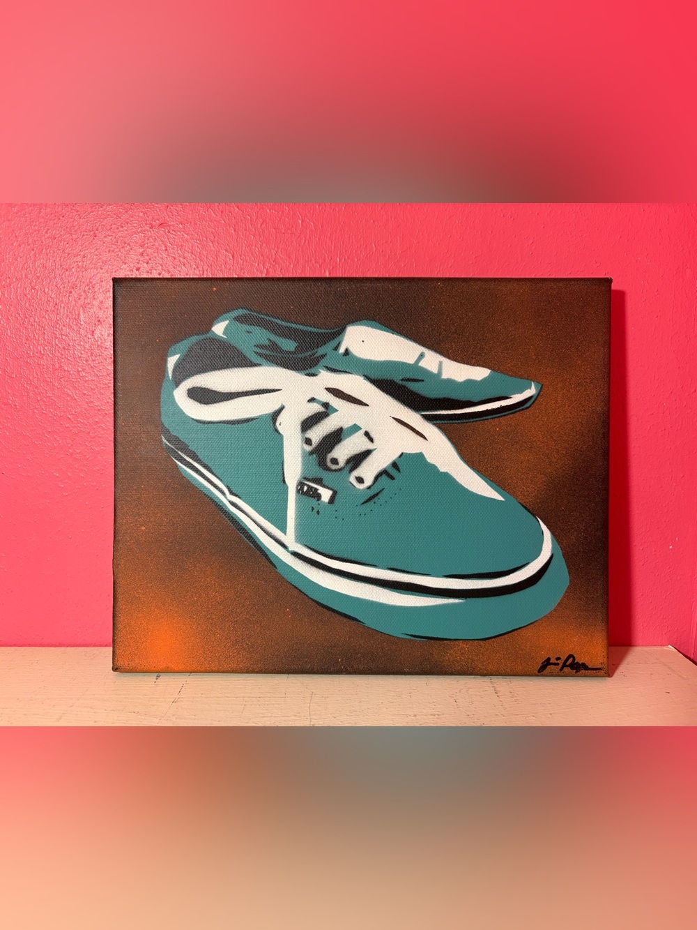 Original Vans Stencil Art * Teal & White Sneaker Painting on Canvas Jessica Pope